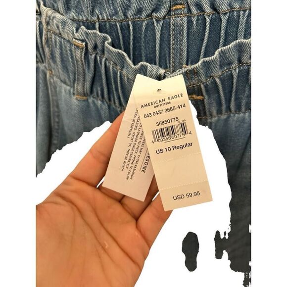 American Eagle Light Wash Wide Leg Jeans Size 10 Y2K NWT Cinched Ruffle Waist - Picture 5 of 15